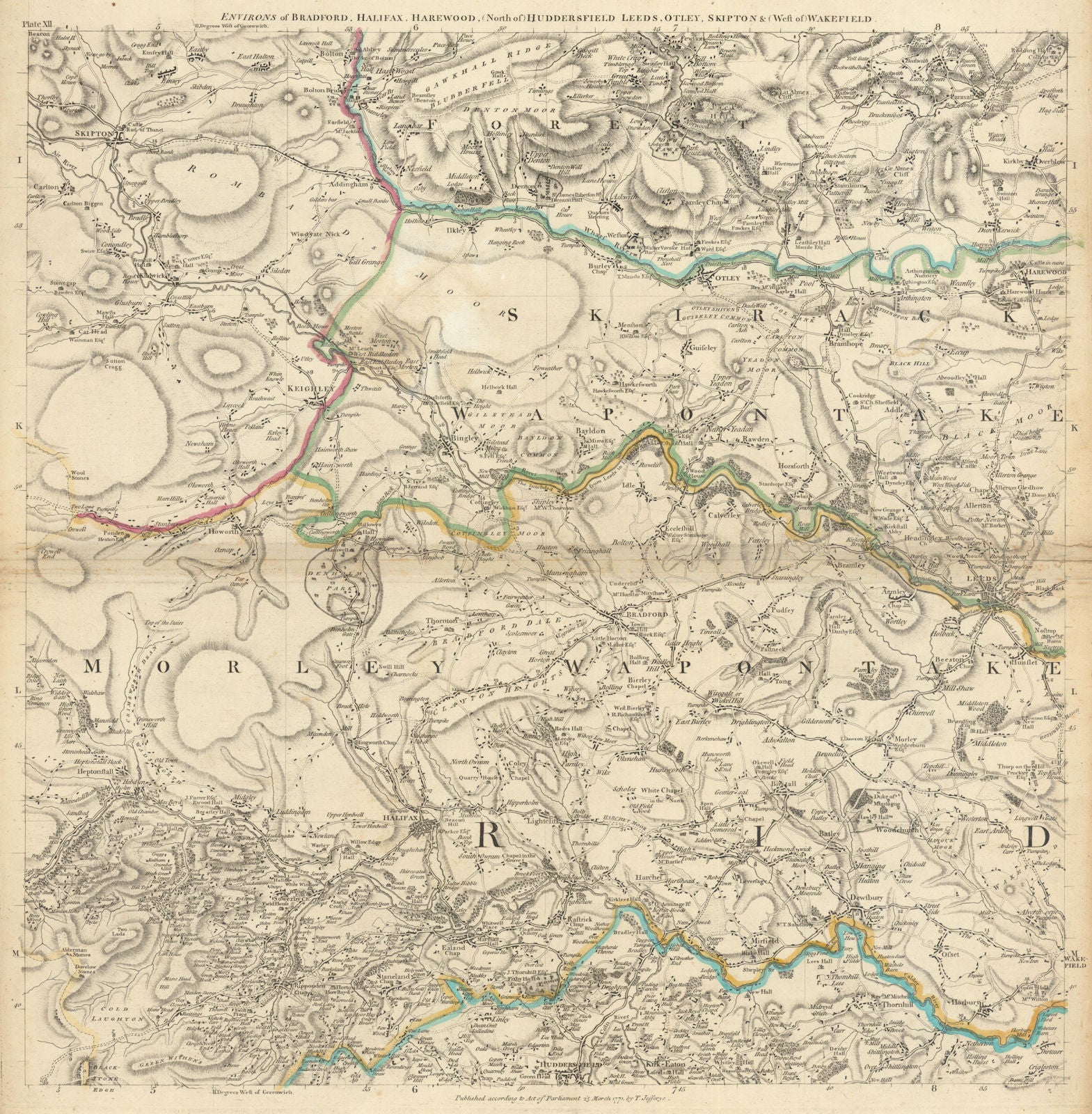 West Yorkshire. Bradford, Halifax, Huddersfield & Leeds. T. Jefferys 1772 map